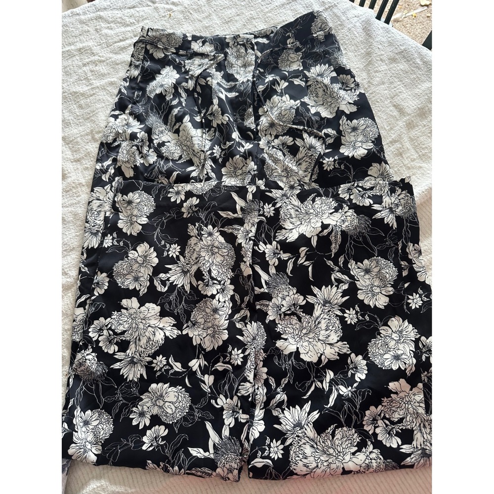 H&M Black White Floral‎ High Waisted Wide Leg Trousers Pants Size 4